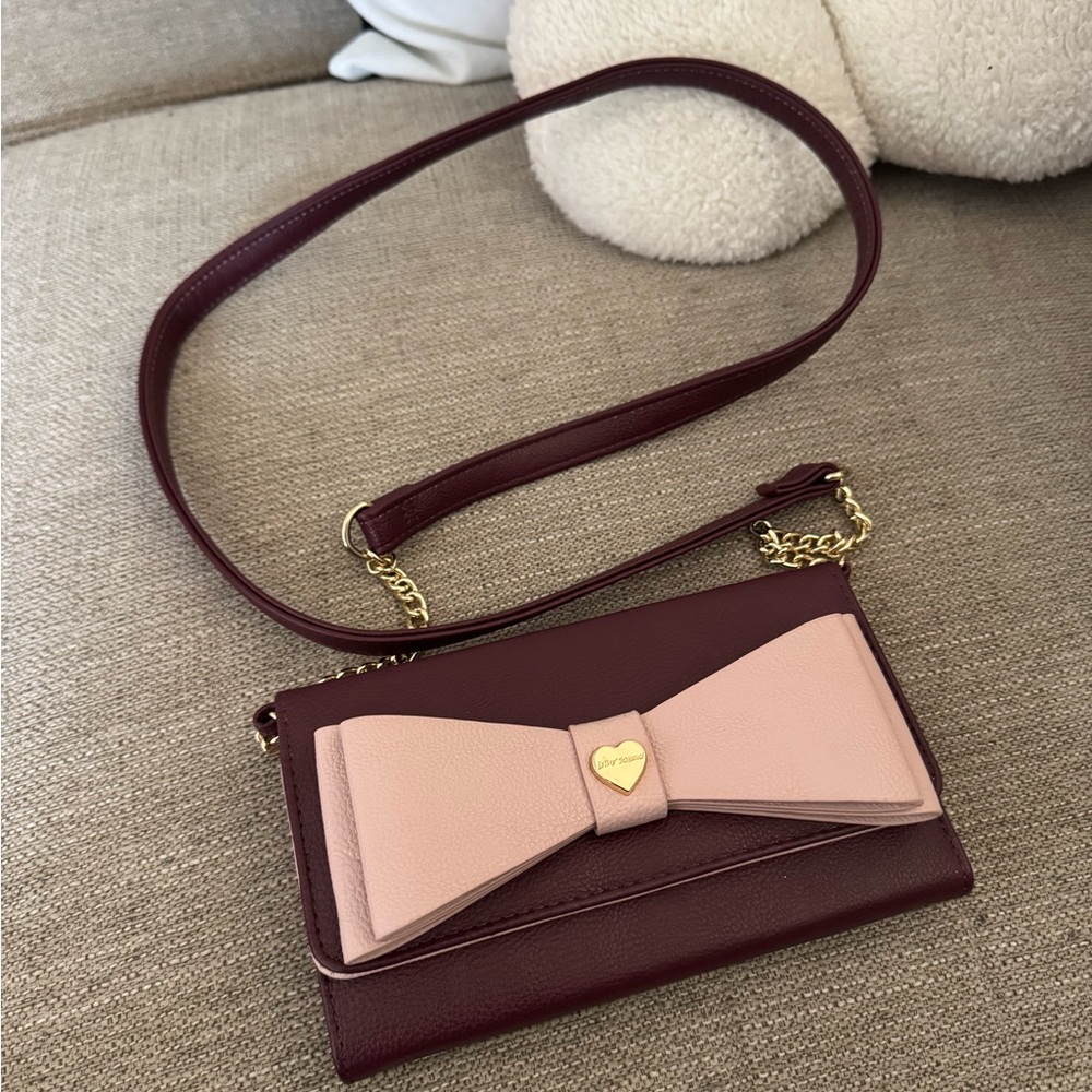 Betsey Johnson Burgundy and Pink Bow Crossbody Bag
